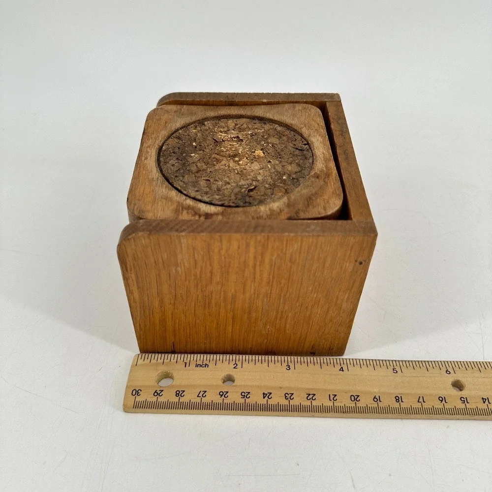 Vintage Mid Century Modern Wood and Cork Coaster Set with Caddy 6 Piece Brown